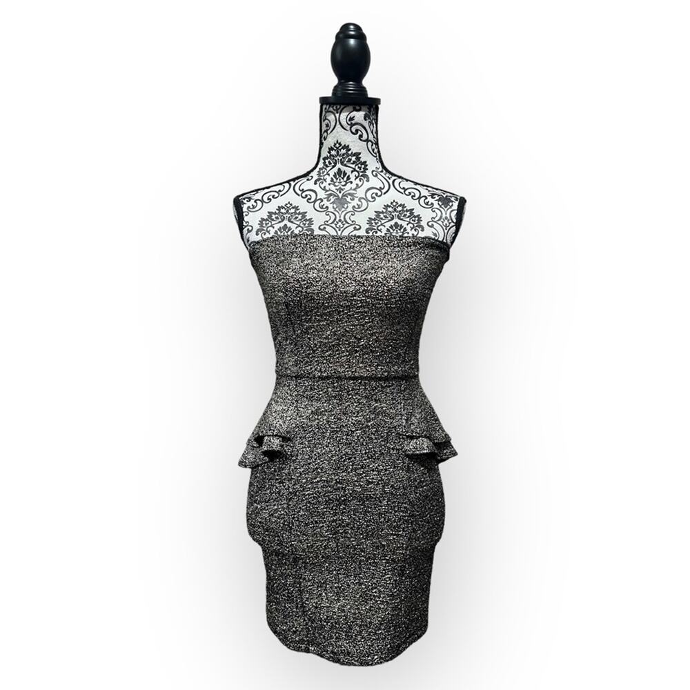 Windsor Metallic Strapless peplum Mini Dress size Small silver gold black